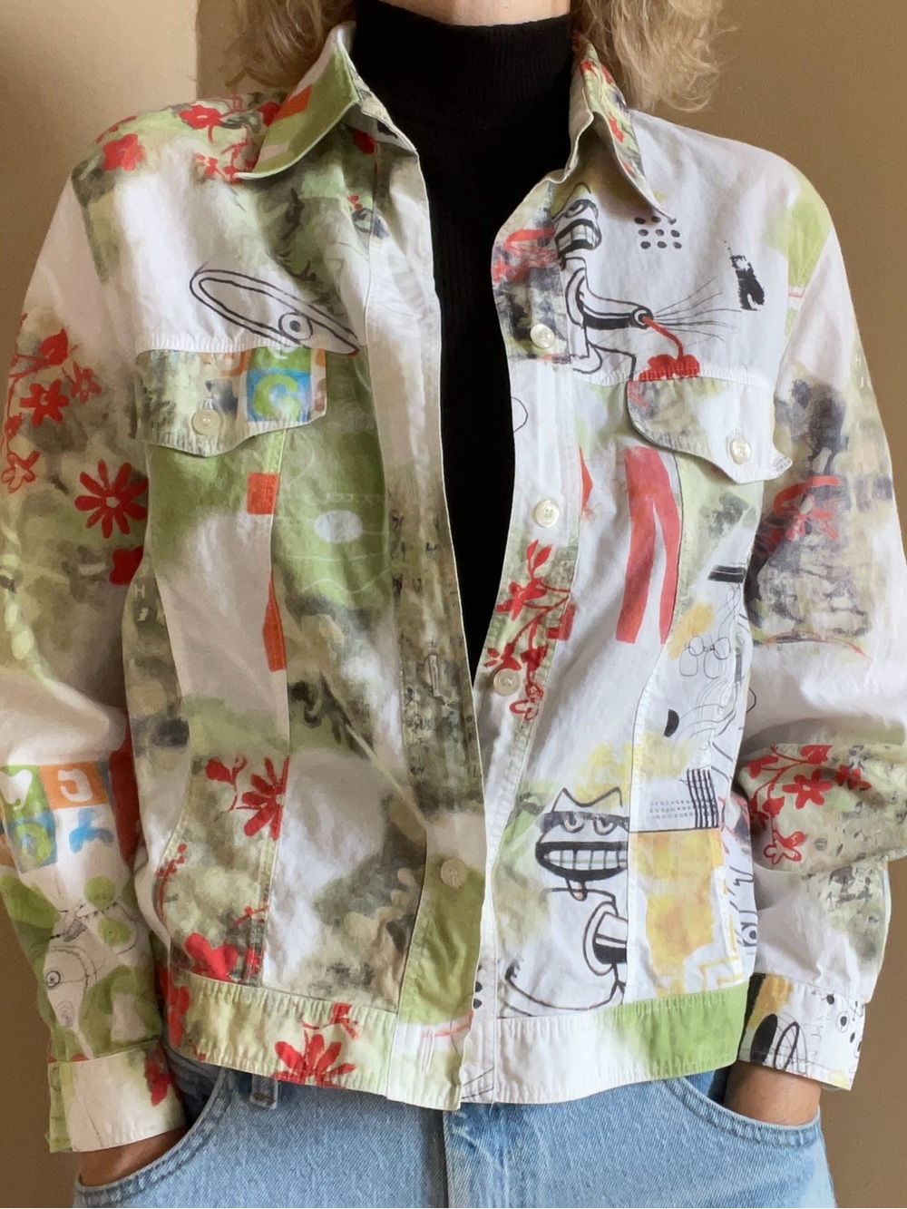 Abstract Print Lightweight Women's Jacket - White & Green